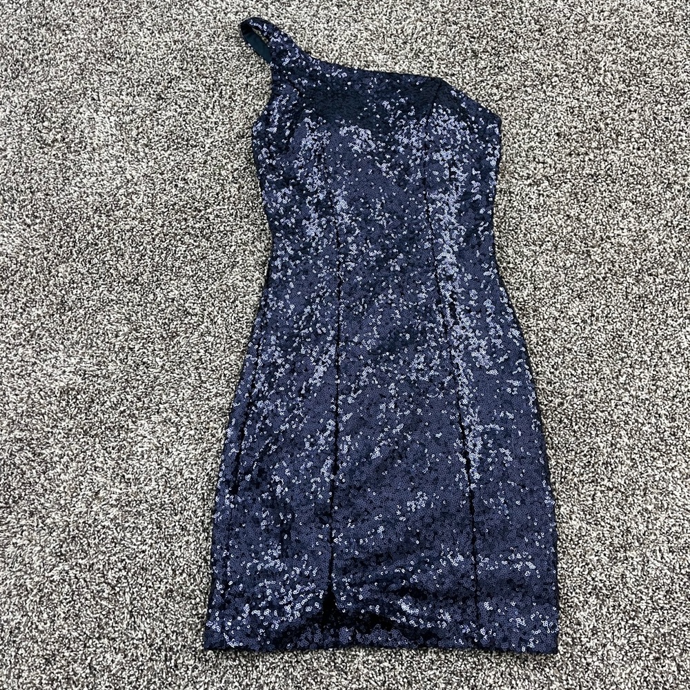 sparkly one shoulder navy blue mini dress